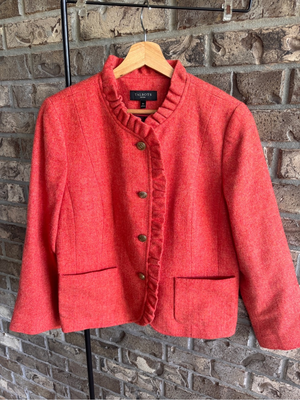 Talbots Petites 16P Wool Blend Ruffle Trim Jacket Coral Pink Button Front Lined - Picture 4 of 15